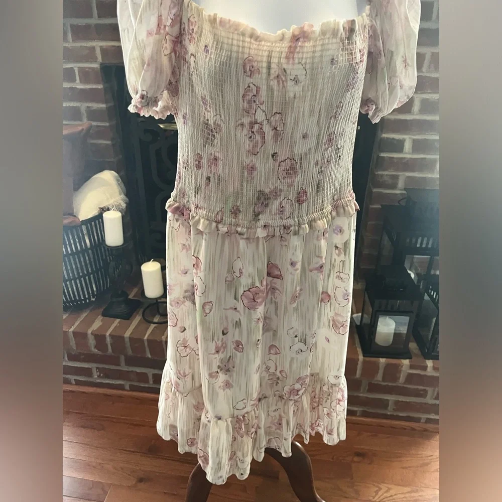 Never Worn! Black Tape Floral Mini Dress! Size:XL Color:Pink/Green on Taupe. - Picture 4 of 7